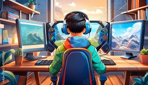 Animation 16 year old young boy tplaying games in computer and have gaming chair and 3 big moniter and in moniter screen play games and best details animation and boy give sing to come photo