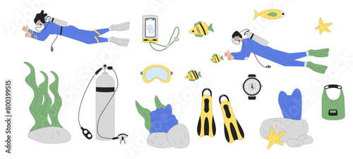 Diving set. Man and woman divers swimming in water suits, oxygen masks, tanks and equipment for scuba and snorkel. Underwater sea marine snorkeling sport. Line art vector illustration