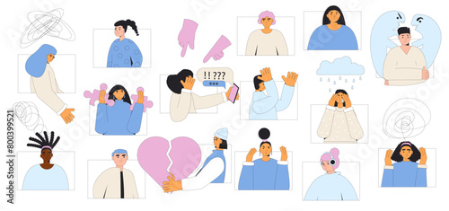 Overwhelmed young people with mental problems. Mental disorder burnout, confusion and depression. Teenage girls and boy with bad mood community for support each others. Vector outline illustration.