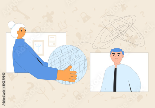 Online Psychologist consulting concept. Private psychotherapy sessions. Therapist and patient talk. Man talking to psychotherapist. Vector outline illustration.
