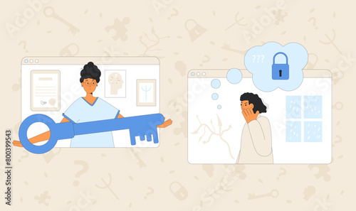 Online psychotherapy concept. Psychology consultation. Private psychotherapy sessions. Therapist and patient talk about meal of choice . Metaphor for mental wellness Vector outline illustration.