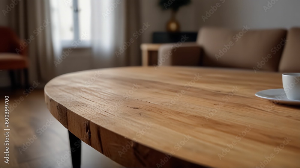 A wooden table top made of sawn wood in the interior of the room on the background of a sofa A wooden table top made of sawn wood in the interior of the room on the background of a sofa