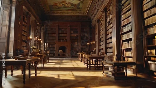 Ancient library with many books on the shelves. Generated with AI