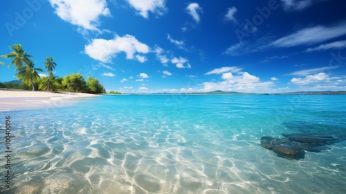 Transparent turquoise waters meeting soft sandy shores, with verdant palm trees adding to the secluded, idyllic tropical beach feel