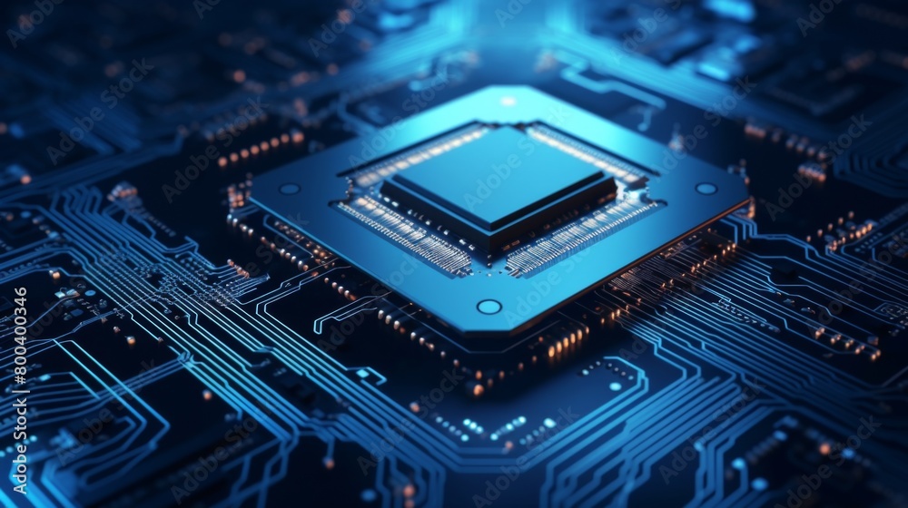 A high-tech microchip is featured within a network of printed circuit boards glowing with an orange light A high-tech microchip is featured within a network of printed circuit boards glowing with an orange light