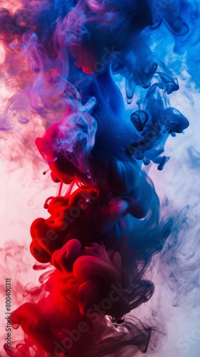 Vibrant red and blue smoke swirls on a soft pink background