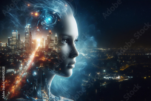 A woman face is shown in a cityscape with a futuristic look