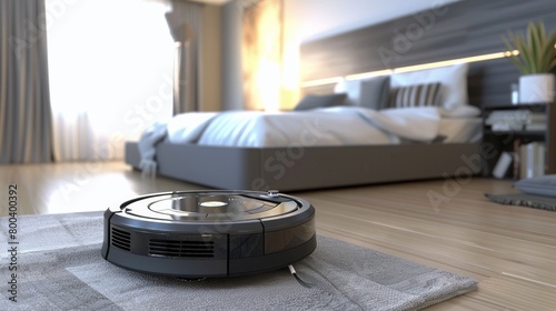 A vacuuming robot depicted flying in a bedroom, showcasing a cleaner robot in action through a 3D rendering. photo