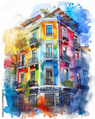 Create a watercolor painting of a colorful building