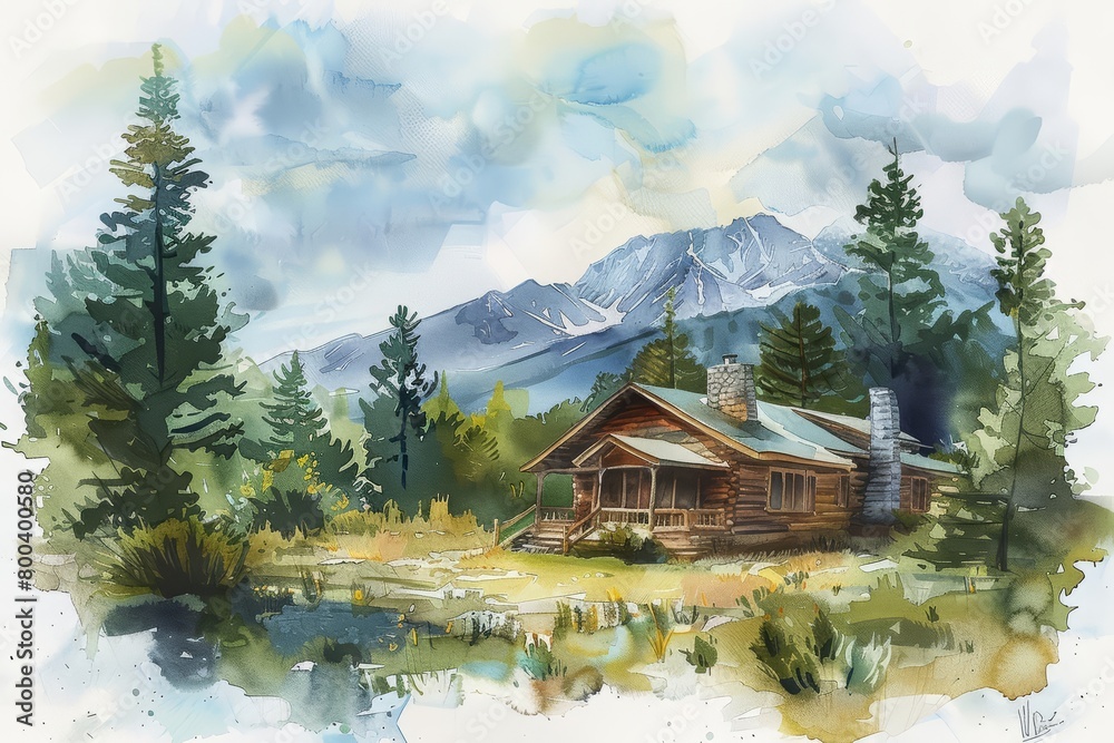 Naklejka premium The remote cabin nestled in the mountains is a peaceful retreat, surrounded by the beauty of nature. The perfect place to relax and escape the hustle and bustle of everyday life.
