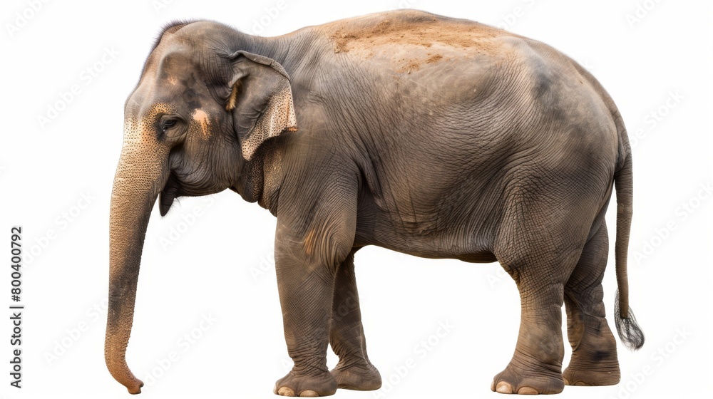 Naklejka premium An adult Asian elephant stands majestically with a highlighted skin texture, isolated on a white background
