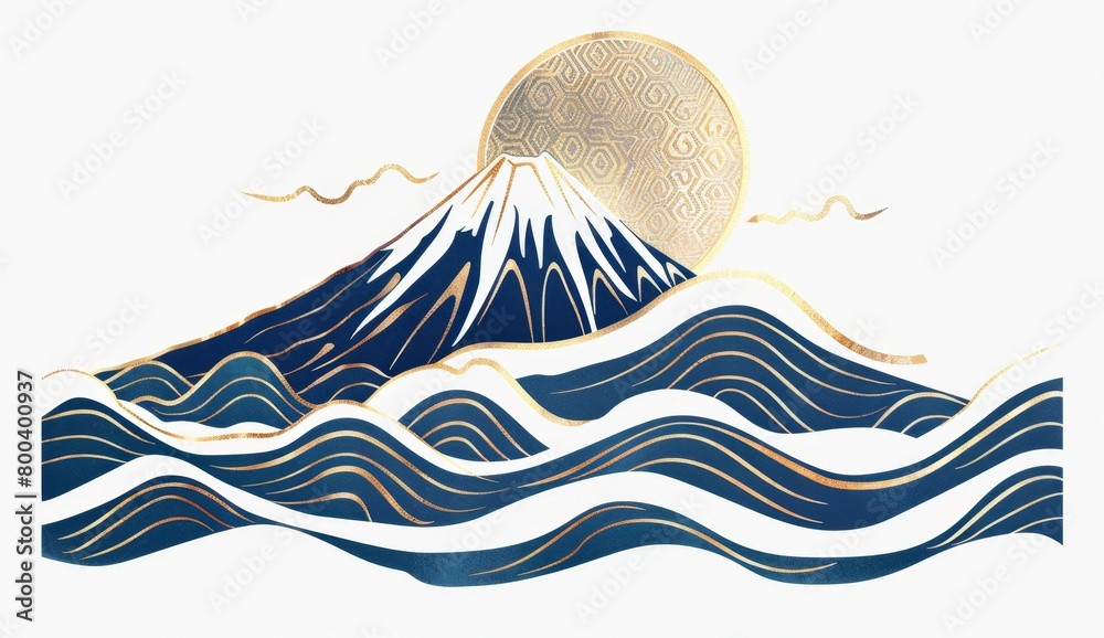 Mount Fuji with waves in a blue and gold color palette on a white ...