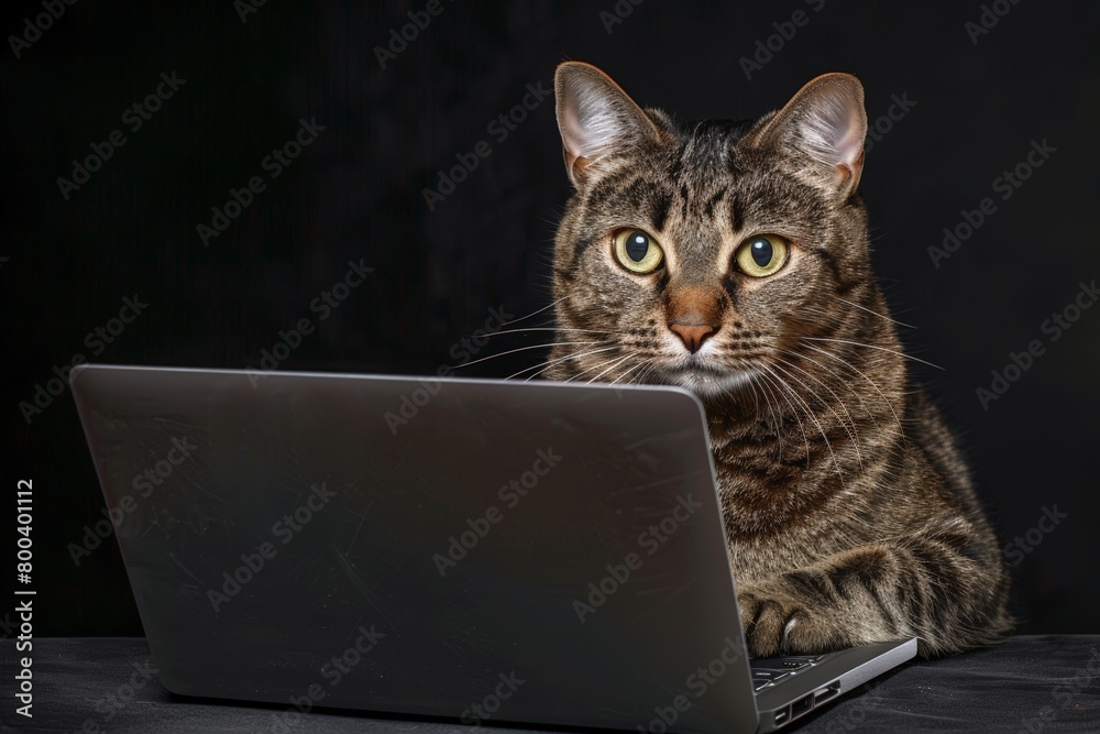 A cat perched on a laptop computer, looking curiously at the screen A cat perched on a laptop computer, looking curiously at the screen