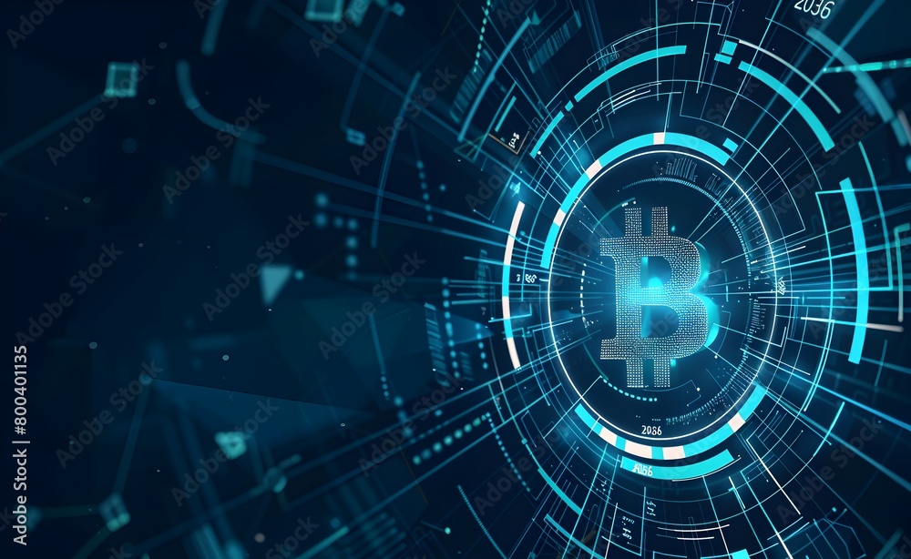 Abstract futuristic background with a hologram digital glowing bitcoin symbol in the center of an abstract circle on a dark blue technology