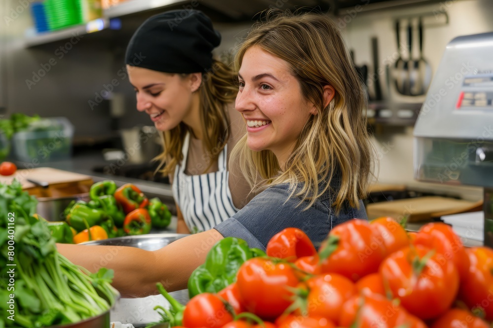 Two women are smiling and working together in a kitchen. They are surrounded by a variety of vegetables, including tomatoes, peppers, and broccoli. The atmosphere is cheerful and friendly