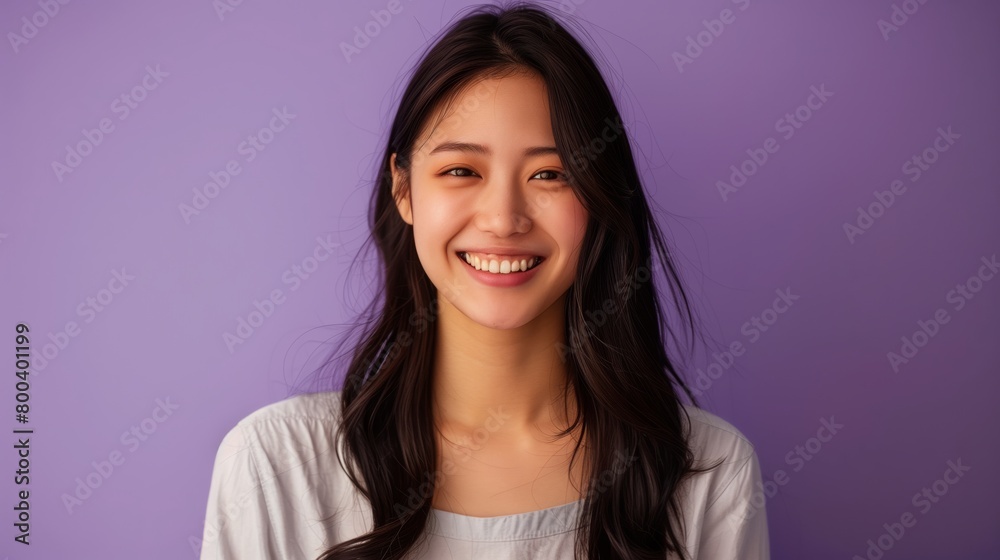 Smiling beautiful young asian woman on purple background Smiling beautiful young asian woman on purple background