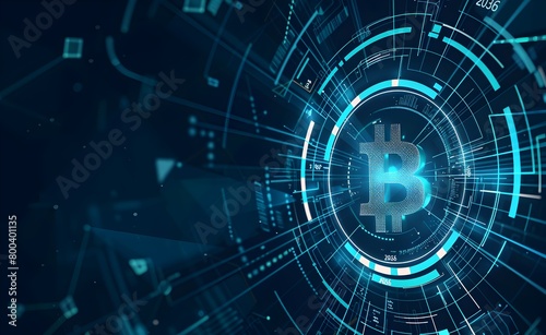 Abstract futuristic background with a hologram digital glowing bitcoin symbol in the center of an abstract circle on a dark blue technology © Rock.business