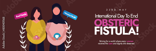 International Day to end Obstetric fistula. 23rd may International day to end Obstetric fistula awareness banner with two pregnant women, speech bubbles on dark brown background. Women health banner. photo