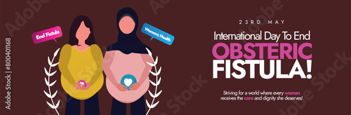 International Day to end Obstetric fistula. 23rd may International day to end Obstetric fistula awareness banner with two pregnant women, speech bubbles on dark brown background. Women health banner.