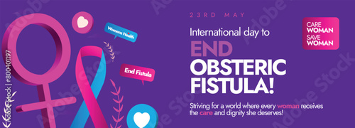 International day to end Obstetric Fistula day. 23rd May International day to end Obstetric Fistula awareness, celebration banner with ribbon in pink, light blue colour with purple background. photo