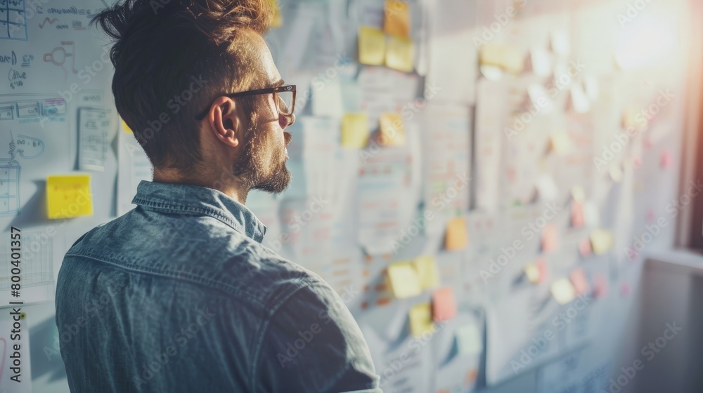 The image of an entrepreneur considering the company's development strategy, business concept.