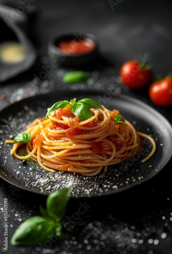 A dish of spaghetti with tomato sauce on the side  presented in an elegant black plate against a dark background.