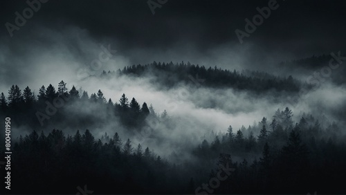Dark foggy ominous spooky scary landscape with mountains and pine trees forest black background