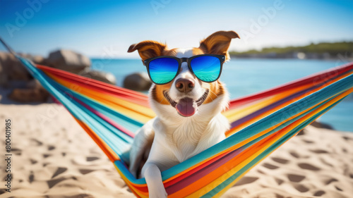 Dog  with sunglasses relaxing on a rainbow hammock. Vacation concept. © ulkas