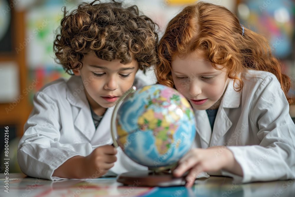 Fototapeta premium Young Explorers: Curious Children in Lab Coats Studying a Globe