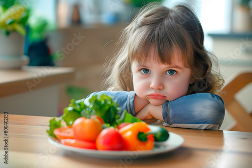The unhappy girl sits with a frown in front of a plate of vegetables  clearly indicating her displeasure at having to eat salad. Great for promoting awareness of children s dietary challenges