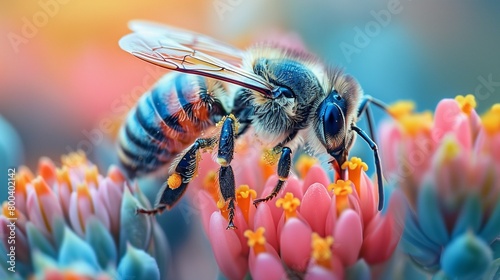 Close-Up of a Bee Pollinating a Flower, generative ai © Matus