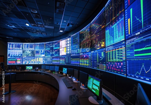 A large curved screen wall displayed data and graphs in the control room of an energy company photo