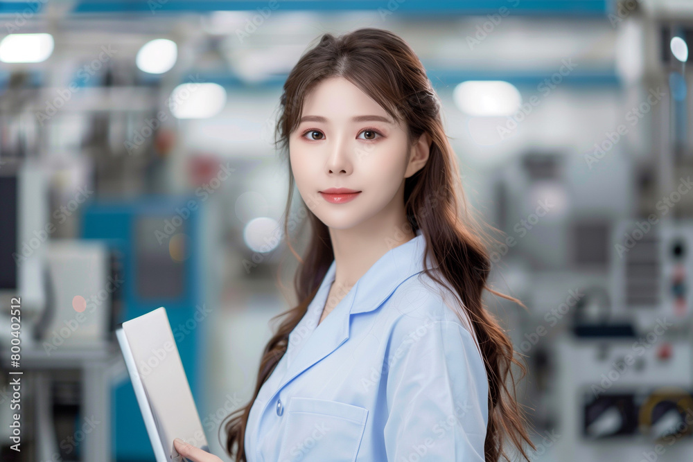 Industrial Setting Portrait: A Woman with Documents on the Factory Floor