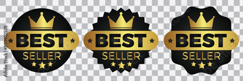 Sticker best seller set isolated premium quality in gold and black color perfect for mark best seller product. Set of best seller premium luxury metal emblem tag or sticker.