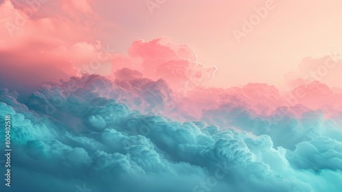 Stunning gradient transition from pink to turquoise hues over a serene beach landscape, evoking calm and tranquility during sunset. photo