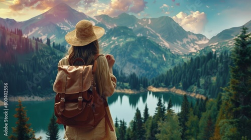 Woman traveler with backpack holding hat and looking at amazing mountains and forest, wanderlust travel concept, space for text, atmospheric epic moment