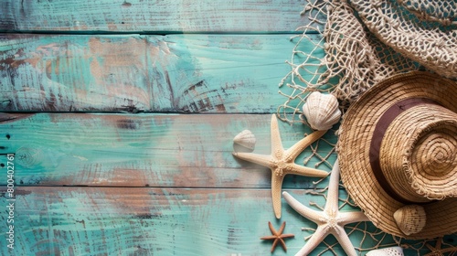 Serene seaside vintage decor featuring a starfish, seashells, a lantern, and dry flowers on a weathered turquoise table with a soft ocean backdrop.