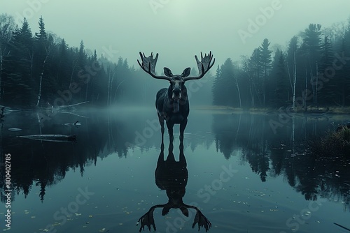moose standing by a misty lake in the early morning, its reflection perfectly mirrored in the still water ,Moose isolated on white,Bull moose in Algonguin Park, Ontario, Canada, hiding among the tress photo