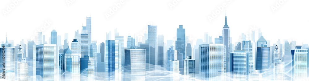 White background with light blue architectural lines in the form of buildings and skyscrapers