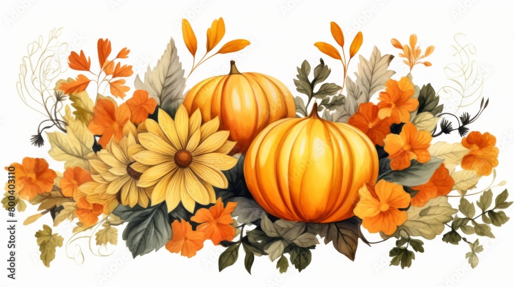 Naklejka premium A beautifully illustrated image featuring autumnal pumpkins surrounded by a diverse array of fall flowers and leaves