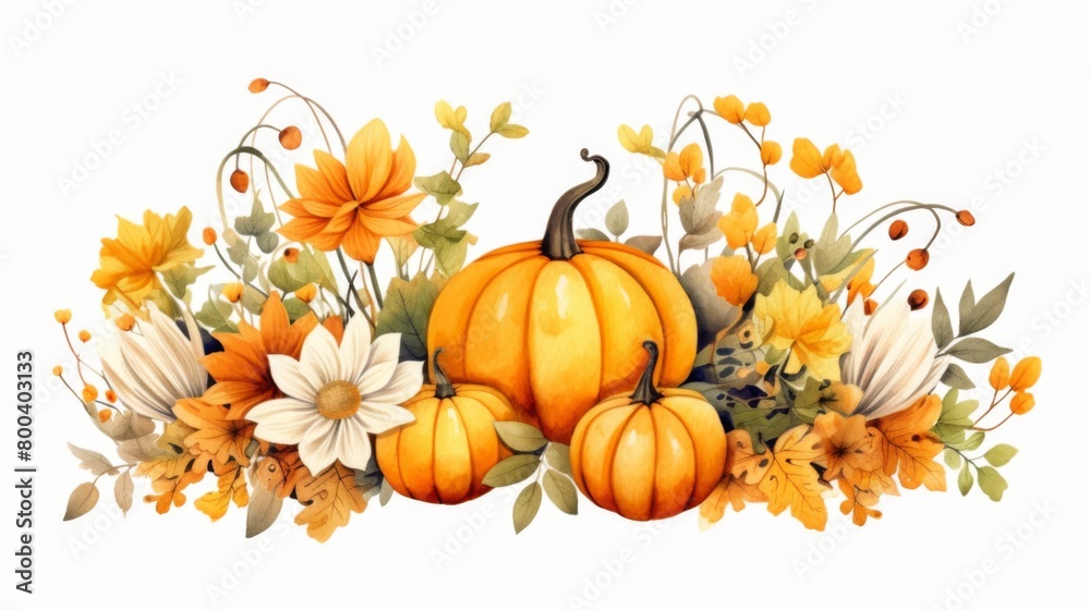 Naklejka premium A warm, inviting image showcasing pumpkins amidst a golden-hued collection of autumn flora, symbolizing the richness of the season