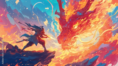A person standing boldly in front of a fierce fire-breathing dragon, showing bravery and courage © pham