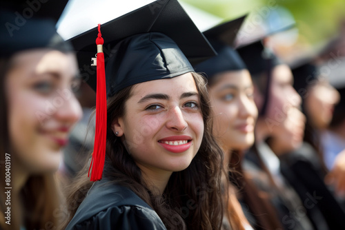 Graduation Day Smiles: Students in Black Caps with Red Tassels