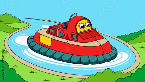 A bright red quadengine hovercraft navigates a winding river its powerful motors propelling it through narrow channels and shallow waterways. Despite. Cartoon Vector.