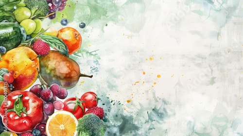 Watercolor illustration, healthy food, fresh fruits, vegetables and whole grains, abstract background, poster with a place to copy space