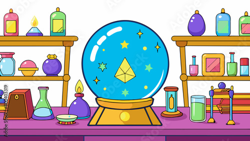 A brightly decorated room is cluttered with strange arcane objects. A large crystal ball sits on a table pulsing with energy while a row of potions in. Cartoon Vector.