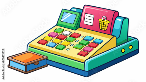 A brightly colored toy cash register with realistic buttons and a cash drawer. The register includes play money toy credit card and a barcode scanner. Cartoon Vector.