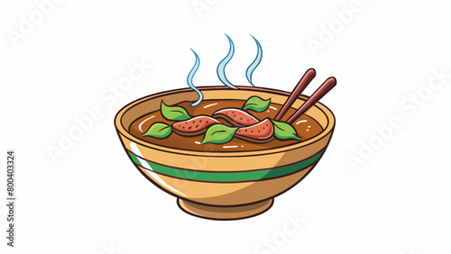 A bowl of steaming hot pho filled with thin slices of beef and fragrant herbs. The beef is thinly sliced and lightly cooked in the hot broth making it. Cartoon Vector.