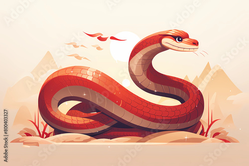 Illustration of a red snake on the ground with mountains in the background. Snake is symbol of Lunar New Year photo