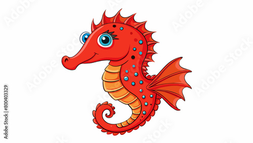 A bright red seahorse not unlike a miniature dragon with spiky fins and a vibrant intricately patterned body. Its long snout is adorned with tiny. Cartoon Vector.